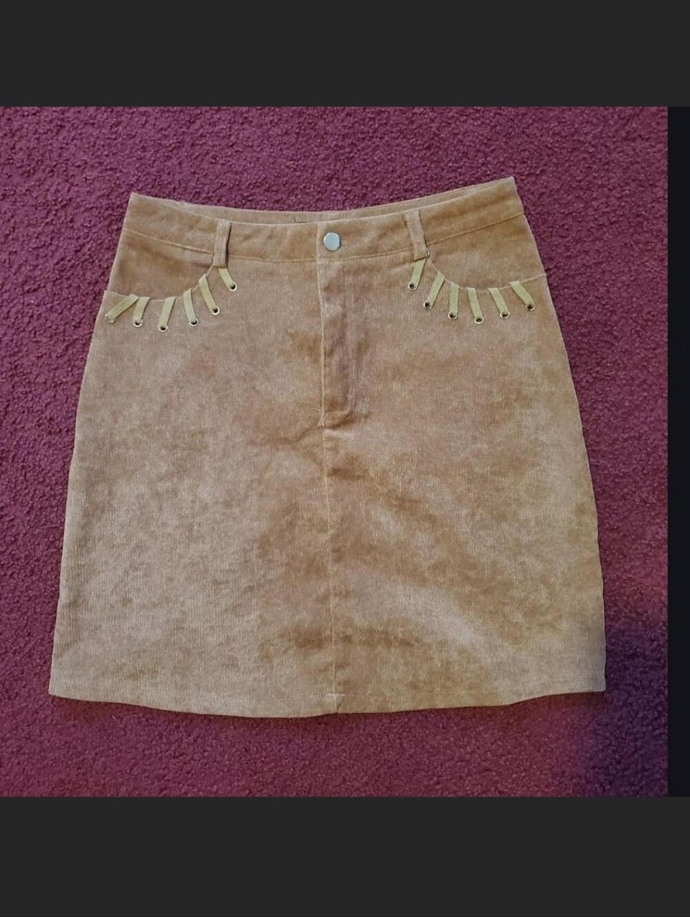 Very J Brown/Tan Suede-Look Mini Skirt with Eyelet Strap Detail Size S